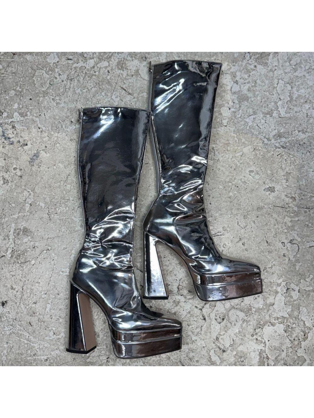 Glam Rock Liquid Metallic Silver Platform Block Heel Knee-High Boots